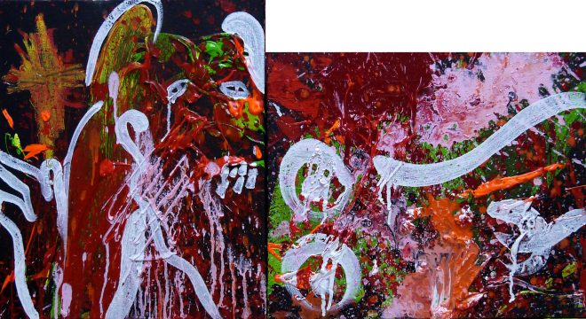 52 - 組作品（2点）「裸婦を描く」カンバス（F8）、アクリル、ブラックジェッソ、インク、オイルパステル45.5×83.5cm 20151209