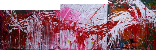 42 - 組作品（３点）「芸術家としての情熱」カンバス（M30S20S25）、アクリル、ブラックジェッソ、鉛筆　80.3×244cm 20151019